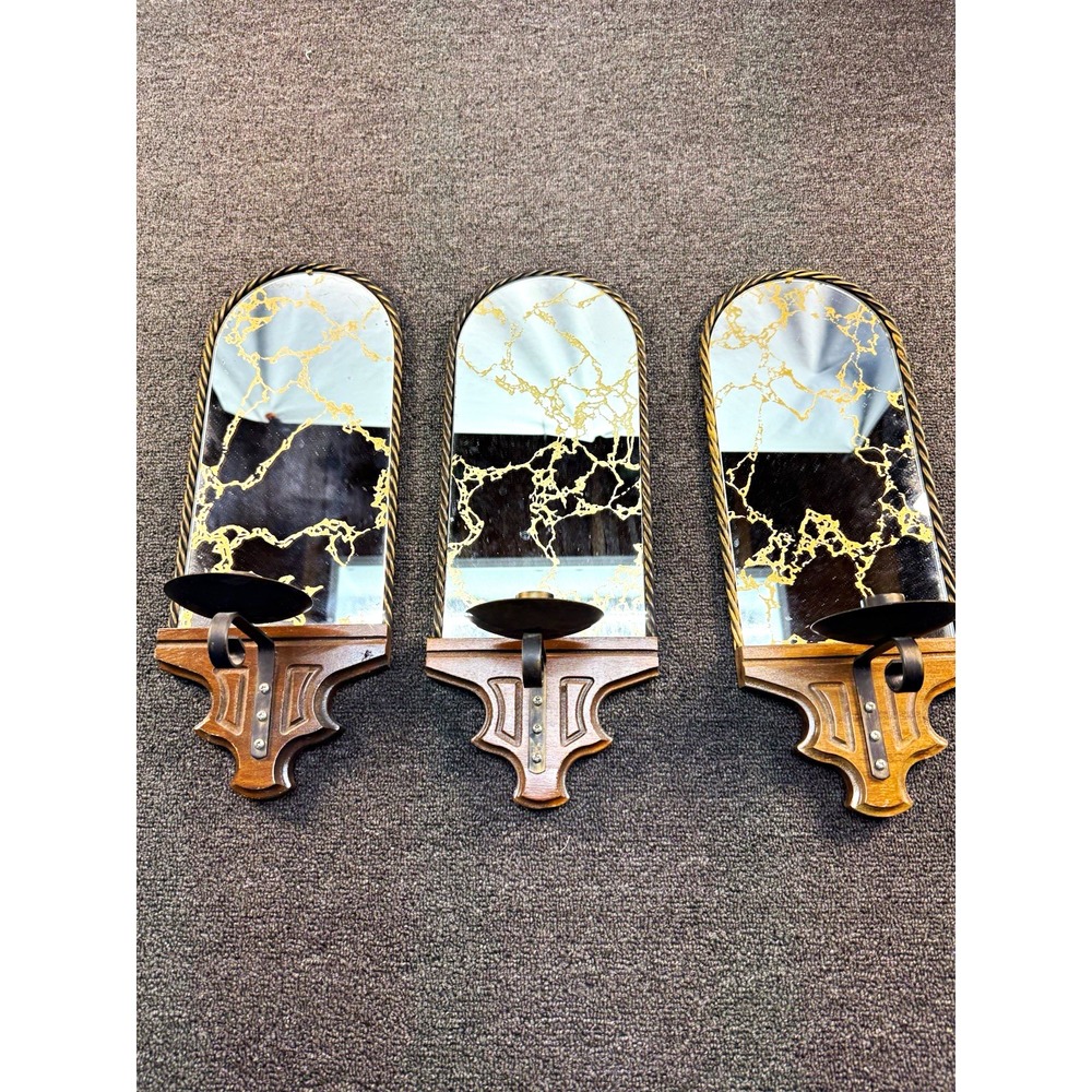 Vintage Art Deco Mirrored Wall Sconce Candle Holders Set Of 3 Arched 16"